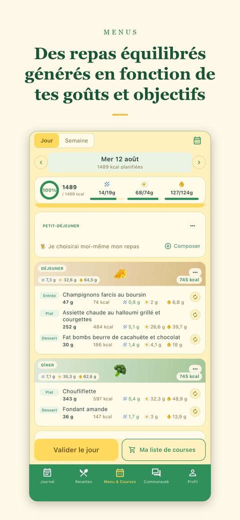 Des repas équilibrés générés selon tes goûts